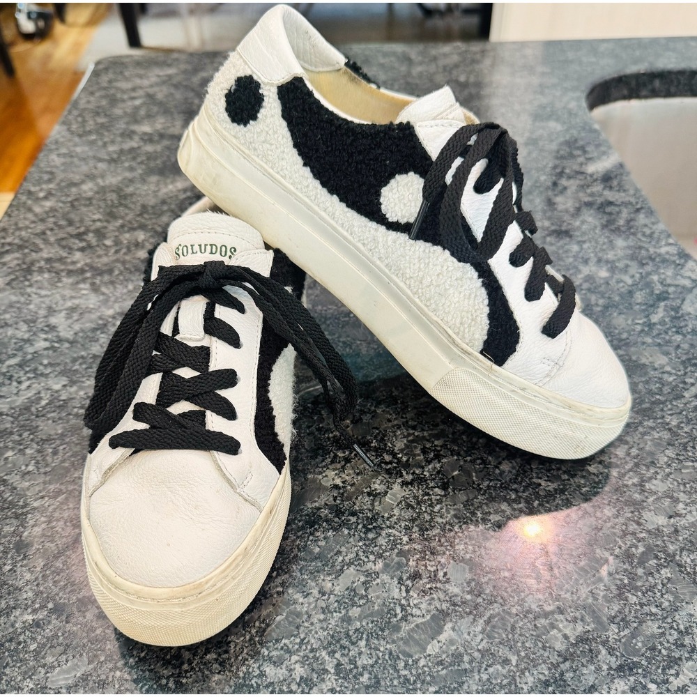 Soludos Yin Yang Platform Sneakers Women 7.5 Black White Sherpa Leather Shoes